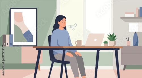 Woman sitting at her desk taking a deep breath to relax and manage stress while working from home, mindful breathing and mental health break at office workspace, calm atmosphere, vector illustration