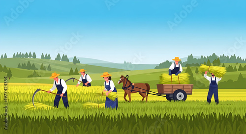 Farmers working on a farm, harvesting crops with a horse-drawn cart and scythes in a rural landscape illustration