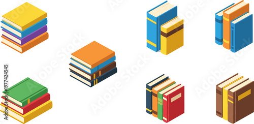 Set of Colorful Isometric Book Icons for Education, Library, E-learning, and Digital Media Designs