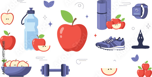 Healthy Lifestyle Illustration Set with Apples Water Bottle Running Shoes Yoga Mat and Fitness Elements for Wellness Nutrition and Exercise Design