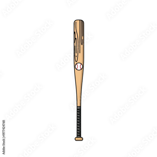 Wooden baseball bat standing upright on a plain white background with natural grain and brown finish.