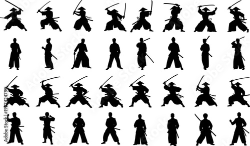 Warrior Silhouette Set Japanese Sword Fighting Poses Vector Collection