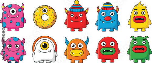Cute monster cartoon character collection with funny colorful creatures and donut element vector illustration set isolated on light background