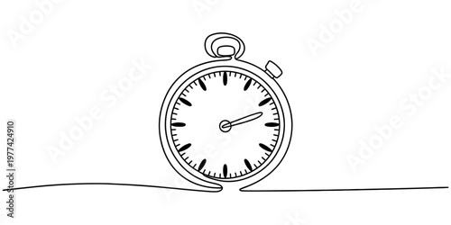 A single continuous line drawing of a classic stopwatch timer used for measuring short intervals. Vector, illustration