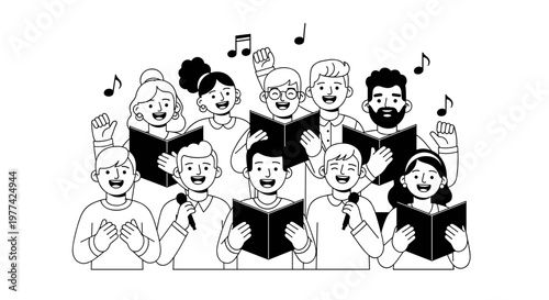 Diverse group of smiling people joyfully singing together from sheet music books, some holding microphones, with musical notes floating around them, representing a harmonious