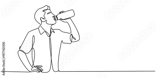 A continuous line drawing of a man drinking from a water bottle while standing in a relaxed pose Vector, illustration