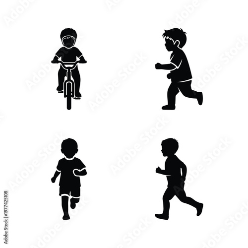 Active children silhouettes including boy riding bicycle and running in different directions for sport vector