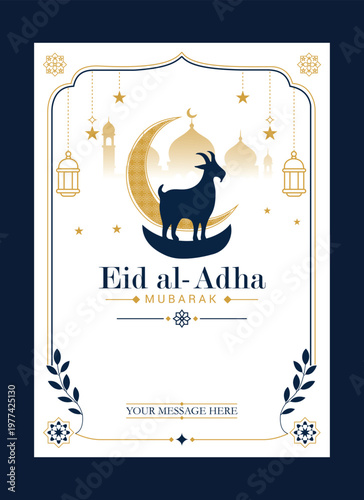 Eid al-Adha Mubarak Greeting Card Template with Crescent Moon Mosque Lantern and Goat Islamic Festival Design