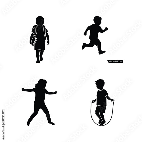Active children silhouettes including boy with backpack and jumping girl and skipping rope for exercise vector