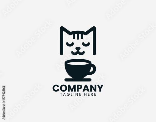 Minimalist cat face with coffee cup in simple black vector logo illustration style on a white background