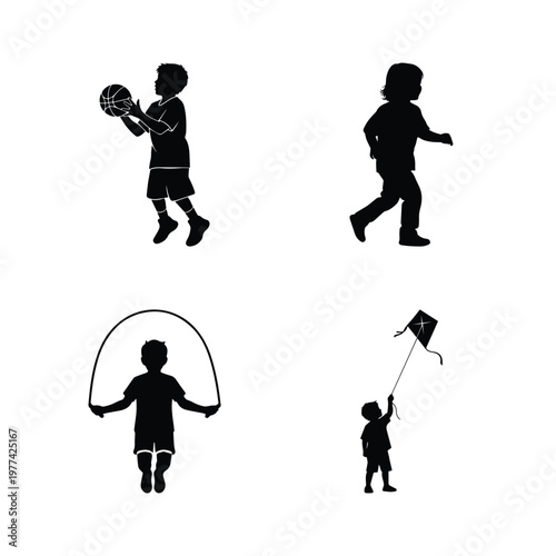 Active kids silhouette set with boy shooting basketball girl running jumping rope and flying a kite