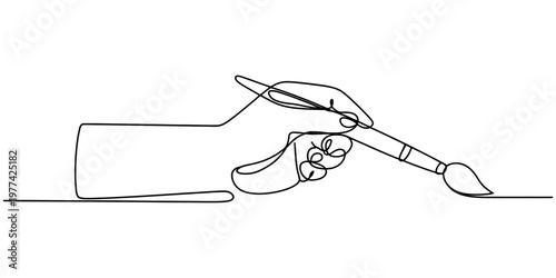 A single continuous line drawing of a hand holding a paintbrush for artistic creative expression Vector, illustration