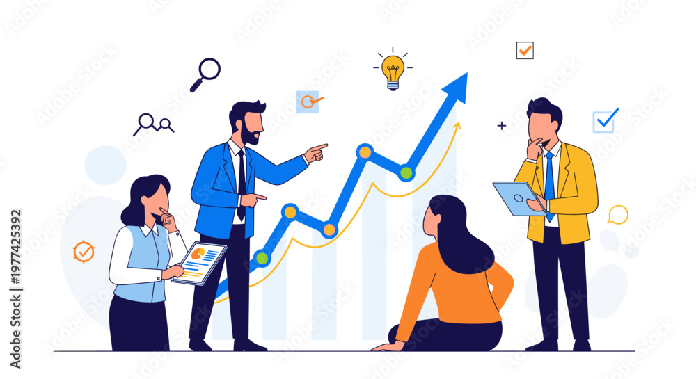 Fototapeta premium Diverse team collaborates on upward trending business growth chart, analyzing data with magnifying glass and tablets, brainstorming ideas with lightbulb symbol, achieving success