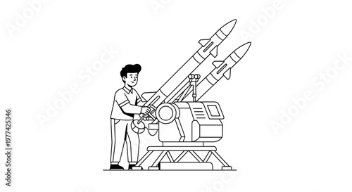 A young man with dark hair, wearing a collared shirt and trousers, operates a complex missile launcher system with two rockets pointed skyward, depicted in a clean, minimalist