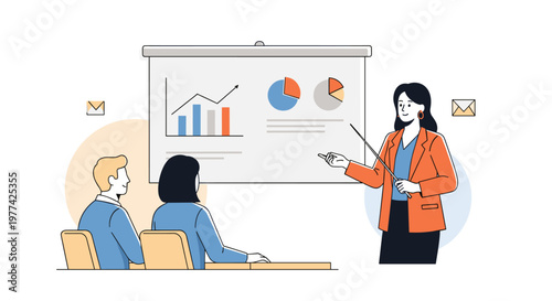 Professional woman presenting financial data charts and graphs on a projection screen to attentive colleagues during a business meeting, featuring clean lines, a warm color
