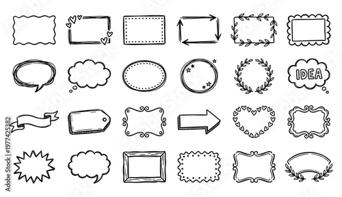 Sketch line arrow element, star, heart shape. Hand drawn doodle sketch style circle, cloud speech bubble grunge element set. Arrow, star, heart brush decoration. Vector illustration