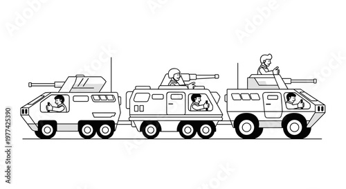 Three modern armored vehicles, each with a driver and a gunner, moving in convoy formation, featuring clean lines, bold black and white contrast, and a minimalist aesthetic