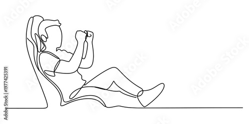 A single continuous line drawing of a person sitting in a comfortable chair relaxing with joy. Vector, illustration