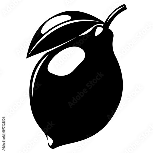 Lemon fruit with a leaf silhouette simple elegant black and white design element for healthy food or drink graphics.
