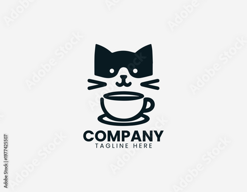 Minimalist cat face with coffee cup in simple black vector logo illustration style on a white background