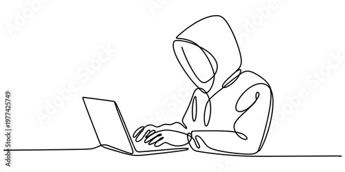 A single continuous line drawing of a mysterious person wearing a hoodie using a laptop computer Vector, illustration