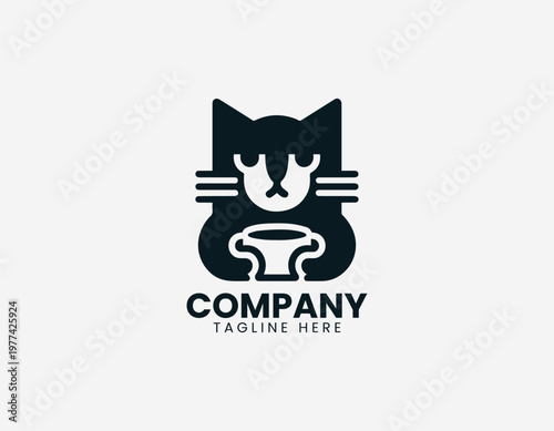 Minimalist cat face with coffee cup in simple black vector logo illustration style on a white background