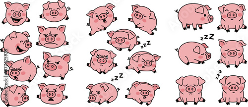 Cute pig cartoon collection vector illustration with different poses and emotions, adorable farm animal characters set for kids design and agriculture themes