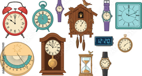 Clock and Timepiece Vector Set with Alarm Clock, Wrist Watch, Wall Clock, Hourglass and Vintage Cuckoo Clock for Time Management Illustration