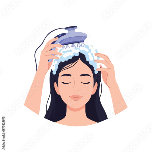 Woman washing hair with a scalp massager device.