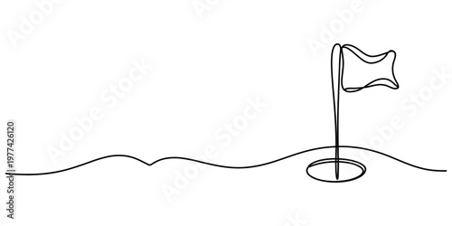 A single continuous line drawing of a golf flag placed inside a hole on a minimalist green field Vector, illustration