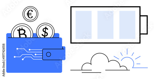 Finance, renewable energy, cryptocurrency, sustainability, digital currency, innovation. Blue wallet containing Bitcoin and euro symbols, battery icon and sun illustration. Finance and renewable