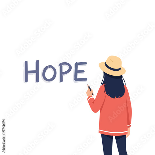 Woman Writing the Word Hope on a White Wall.