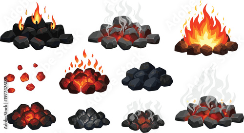 Campfire and Burning Coal Vector Set with Fire Flames, Hot Charcoal, Ash and Smoke Elements for Camping, Survival and Heat Illustration Collection