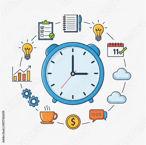 Alarm clock illustration surrounded by productivity icons including coffee, charts, cloud computing, and money bags for business.