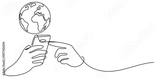 Continuous line drawing of a person using a smartphone to connect with the entire global world Vector, illustration