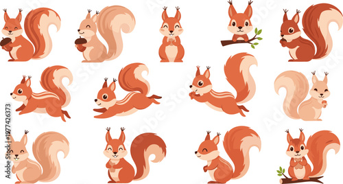 Foto Cute Squirrel Cartoon Set with Different Poses Woodland Animal Collection Adorab