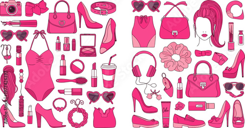 Fashionable Accessories and Apparel in Pink Color, Including Shoes, Bags, and Beauty Items