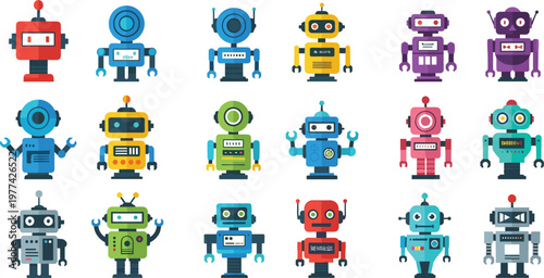 Cute robot characters collection vector illustration with colorful retro and futuristic bots, cartoon android set for kids design, technology themes and sci fi concepts