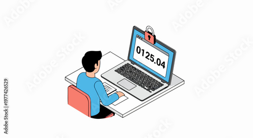 Isometric Illustration of Person at Desk with Laptop, Timer Countdown and Padlock Icon Representing Ransomware, Cyber Security, or Digital Time Limit