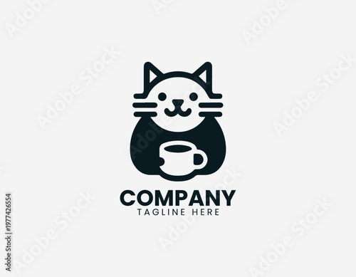 Minimalist cat face with coffee cup in simple black vector logo illustration style on a white background