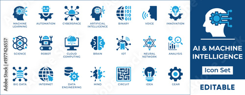 AI and machine intelligence vector icon set. neural network, robot automation, machine learning, deep learning and data science symbols.