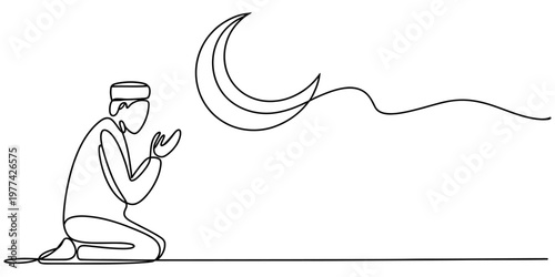 Continuous single line drawing of a muslim man praying with a crescent moon in a minimalist style Vector, illustration