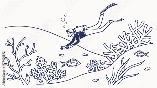 Scuba diver explores vibrant coral reef teeming with colorful fish in clear blue water.