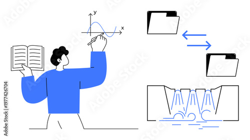 Education, data analysis, knowledge sharing, information flow, digital collaboration, and learning processes. Person drawing a graph, file icons data exchange. Education and data analysis concepts