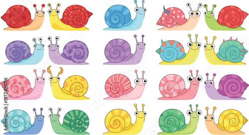 Cute snail cartoon character collection with colorful shells and funny expressions vector illustration set of adorable garden animals isolated on light background