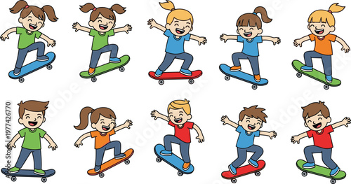 Kids Skateboarding Cartoon Character Set with Children Riding Skateboards, Performing Tricks and Fun Outdoor Activities for Sports and Play Illustration