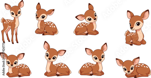 Cute Baby Deer Fawn Cartoon Set with Different Poses Forest Animal Collection Adorable Wildlife Illustration Isolated on White Background