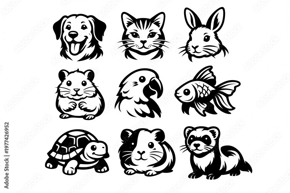 Fototapeta premium A set of black and white pencil doodle animal icons