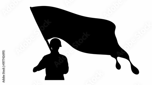 Soldier holding a transforming flag in a powerful gesture of change and revolution with a bold silhouette