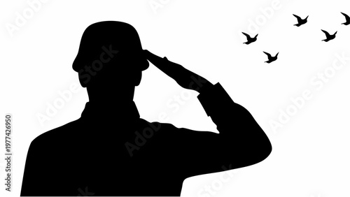 Soldier saluting with arm dissolving into birds in flight on white background